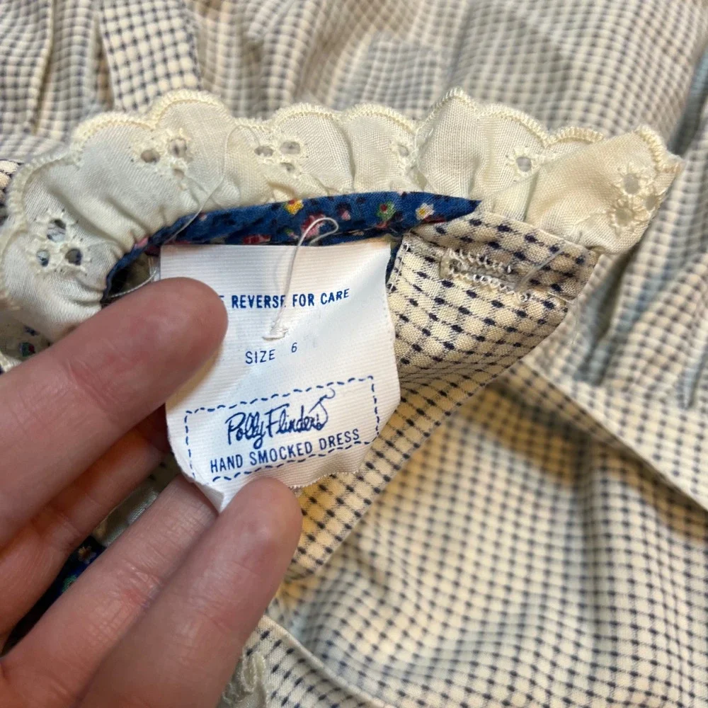 Polly Flinders Vintage Hand Smocked Dress Girls Size 6 Floral Grid Mixed Print
